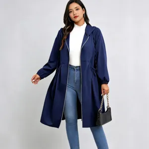 Women's long navy hooded coat with zip front and drawstring waist, shown on a standing model