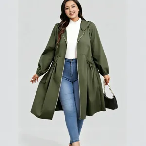 Women's relaxed mid-length hooded olive green casual coat, with drawstring waist and zip front