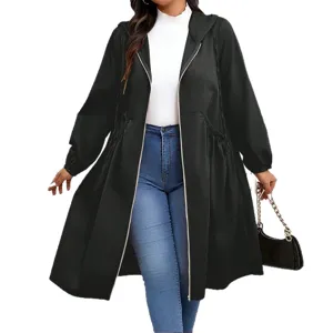 Women's lightweight black hooded longline coat with zip front and drawstring waist, shown on model