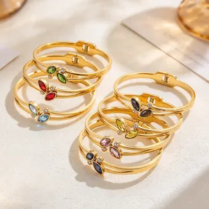 European American Style Stainless Steel Rhinestone Bracelet For Women 18K Gold Plated Vintage Luxury Marquise Bangle Jewelry