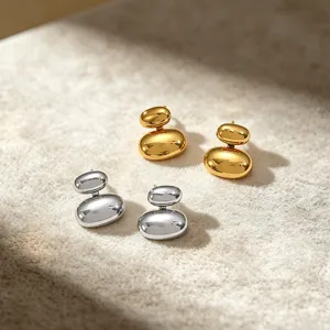 Orecchini a Bottone a Doppio Fagiolo in Acciaio Inossidabile Minimalista per Donna Placcato in Oro 18K Argento Gioielli Geometrici