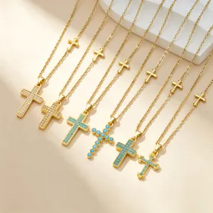 Simple Gold Plated Stainless Steel Copper Cross Pendant Necklace For Women Micro Inlaid Zirconia Religious Jewelry Gift