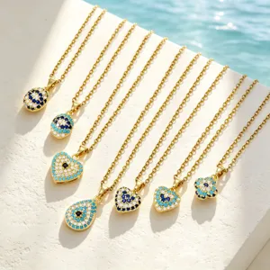 Fashion Stainless Steel Copper Zirconia Evil Eye Heart Pendant Necklace For Women Geometric Dainty Jewelry Gift For Daily Wear