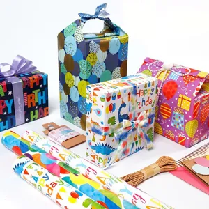 Happy Birthday Cartoon Gift Wrapping Paper Roll Large Size Colorful Balloon Dinosaur Cake Patterns For Kids Party Gift Packaging Supplies