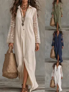 Robe Longue Élégante pour Femme Manches Longues en Dentelle Décontractée Boutonnée Patchwork Bohème Vacances Col en V Robe Longue