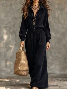 Combinaison noire pour femme, manches longues, col à revers, taille froncée et jambes larges