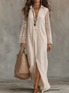 Robe longue ivoire à coupe ample, avec boutons devant et manches longues à empiècements en dentelle