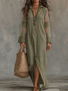 Robe longue vert clair pour femme, avec manches en dentelle transparente et boutonnage, vue entière