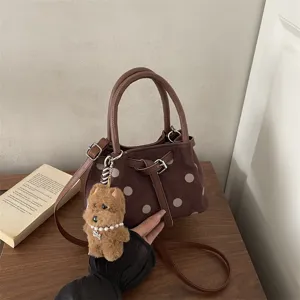 Borsa a Secchiello Retrò da Donna con Pois in Pelle PU Scamosciata Borsa a Tracolla con Ciondolo in Peluche e Decorazione Cintura Borsa a Mano Moda