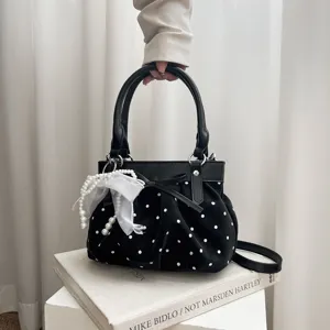 Borsa a Secchiello Plissettata a Pois Stile Coreano per Donna Dolce Borsa a Mano in Pelle PU Con Fiocco e Pendente di Perle