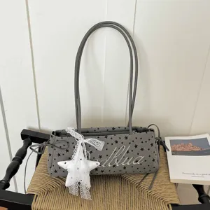 Borsa Sottospalla da Donna Ricamata con Stelle e Lettere Minimalista Coreana in Tessuto a Navetta Borsa a Spalla Moda Casual per Pendolari