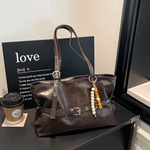 Retro Urban Minimalistische Achsel Schultertasche Für Damen PU Leder Große Kapazität Tote Bag Mit Perlenanhänger Alltagstasche