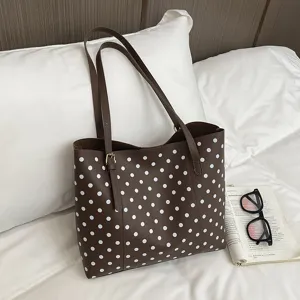 Borsa Tote Casual a Pois in Stile Coreano Donna Pelle PU Grande Capacità Borsa a Tracolla Versatile Borsa Sottobraccio Leggera
