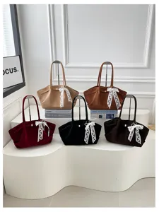 Five soft gathered tote bags in khaki, brown, burgundy, black and dark brown with lace bows