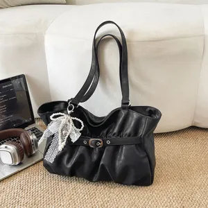 Borsa Sottobraccio Pieghettata Vintage Per Donna Grande Capacità Borsa Tote In Poliuretano Borsa Hobo Con Ciondolo A Fiocco Casual