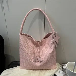 Borsa a Tracolla da Donna Grande Capacità Motivo Intrecciato in Pelle PU Borsa Tote Design Minimalista Con Ciondolo Stella