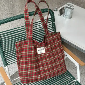 Women Large Capacity Woolen Plaid Tote Bag Korean Style Vintage Shoulder Bag Casual Slouchy Handbag For Daily Shopping