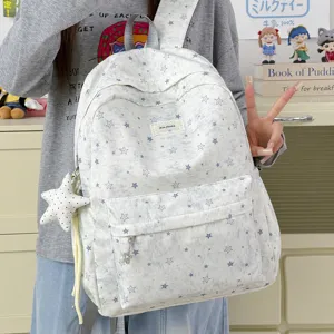 Kawaii Star Print Backpack Nylon School Bag For Girls Women Casual Travel Rucksack With Star Pendant Fits 15.6 Inch Laptop Daypack
