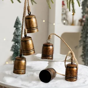 Vintage Metal Bell Hanging Ornament Rustic Bronze Jingle Bells With Hemp Rope Christmas Tree Wind Chime Home Holiday Decor