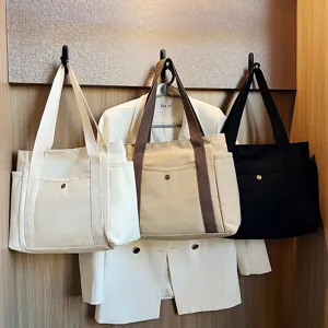 Einfache Damen Großraum Segeltuch Tote Bag Minimalistische Schultertasche Mit Vielen Taschen Für Pendler Arbeit Schule Reise
