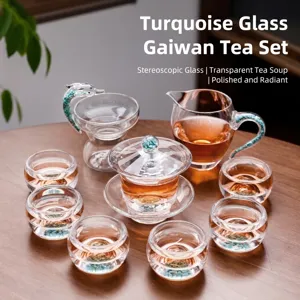 Luxury Turquoise Inlaid Borosilicate Glass Kung Fu Tea Set Transparent Heat Resistant Gaiwan Tea Strainer Fair Cup Tea Cups Set