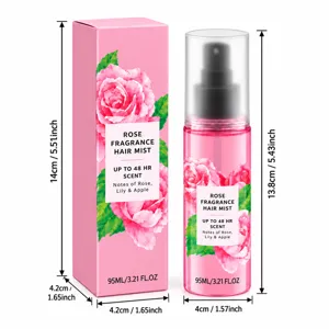 Flacon rose de brume capillaire à motif de roses et boîte assortie côte à côte, avec dimensions
