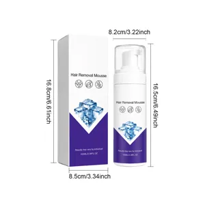 Boîte et flacon-pompe blancs, détails violets et motifs de glace, côte à côte sur fond blanc.