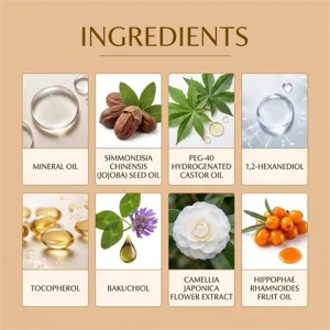 Ingrediëntenoverzicht met minerale olie, jojobaolie, bakuchiol, camellia-extract en duindoornolie