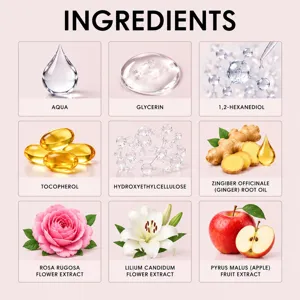 Tableau des ingrédients sur fond rose pâle, avec neuf cases illustrant extraits végétaux et actifs