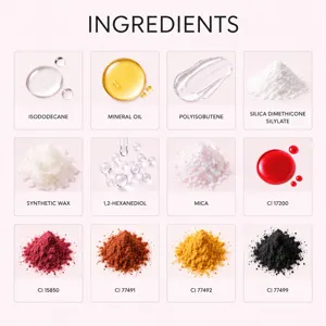 Ingredient chart with oils, waxes, mica, silica and colorful cosmetic pigment powders