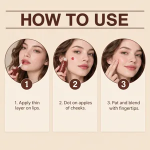 Three-step guide shows applying liquid color to lips and cheeks, then blending with fingertips.