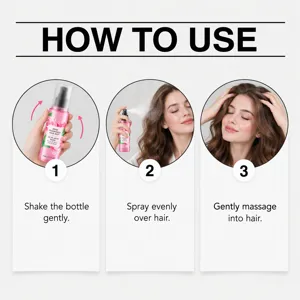 Guide en trois étapes : secouer le flacon rose, vaporiser les cheveux et masser doucement.