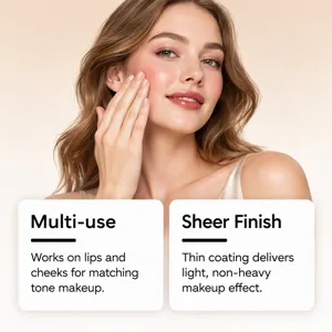 Model touching her cheek to show a natural, sheer makeup finish with multi-use color