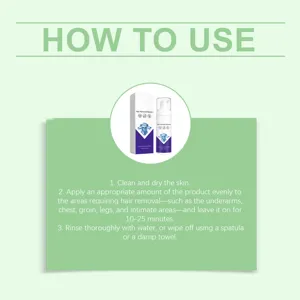 Infographie verte expliquant l’usage, avec l’emballage de la mousse dépilatoire et trois étapes