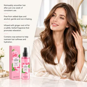 Visuel de soin capillaire : modèle aux boucles lisses près du spray à la rose et de sa boîte