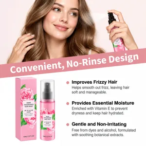 Une femme vaporise ses cheveux près d’un flacon rose et d’une boîte fleurie avec détails du produit