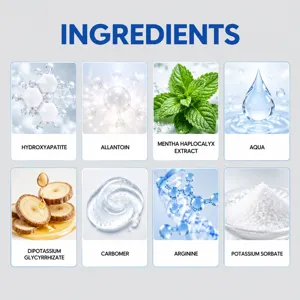 Tabella degli ingredienti: idrossiapatite, allantoina, estratto di menta, acqua e altri componenti
