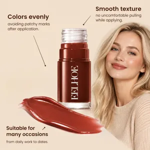 Glossy cherry-cola lip tint swatch shown beside its bottle and a model wearing the brown-red shade