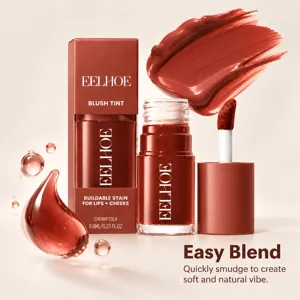 Close-up of an open lip and cheek tint bottle, applicator, cherry-red swatch, and glossy droplets