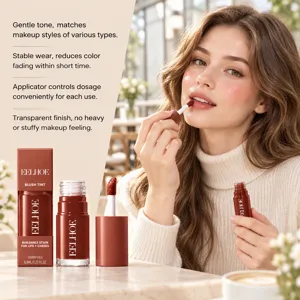 Woman applying cherry lip tint, with the tube, applicator and product box displayed beside her.