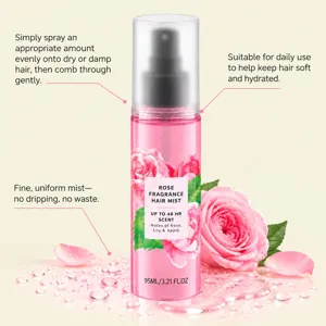 Brume capillaire à la rose, flacon rose transparent avec fleurs et conseils d’utilisation