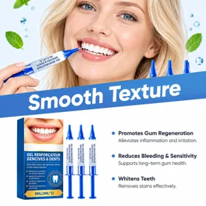 Donna sorridente applica gel gengivale, con confezione da 9 ml e tre siringhe in basso
