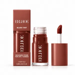 Cherry cola lip and cheek tint with bottle, carton and applicator displayed on a white background