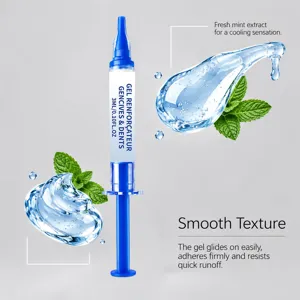 Siringa blu di gel verticale, con gocce trasparenti e foglie di menta su sfondo grigio chiaro