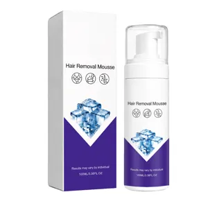 Mousse dépilatoire 100 ml, flacon-pompe blanc, capuchon transparent et boîte violette et blanche