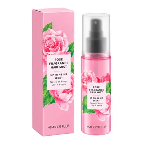 Brume capillaire lissante sans rinçage, flacon rose à motif floral et boîte assortie sur fond blanc