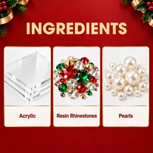 Helder acryl, veelkleurige harssteentjes en ivoorkleurige parels op een rode kerstachtergrond