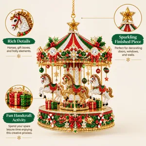 Carrouselornament met glinsterende paarden, cadeaudozen, hulst, ballen en een hangende ster
