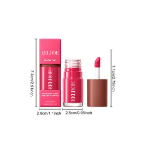 Pink lip and cheek tint carton, glass bottle and applicator shown with size measurements on white