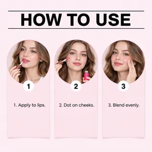 Three-step guide showing a model applying lip tint, dotting color on cheeks, and blending evenly